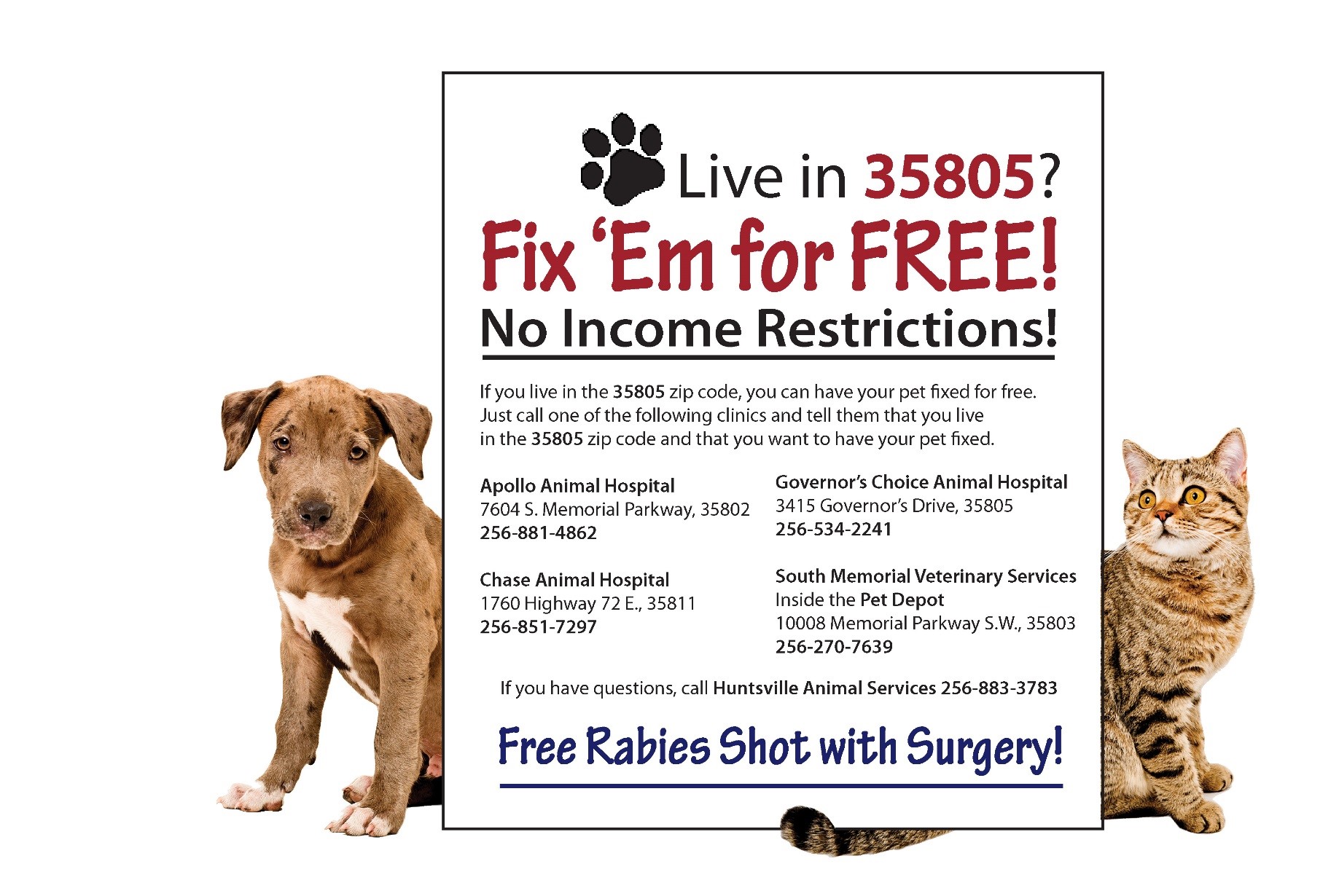 Free Spay or Neuter Promotion for Pets in 35805 City of Huntsville