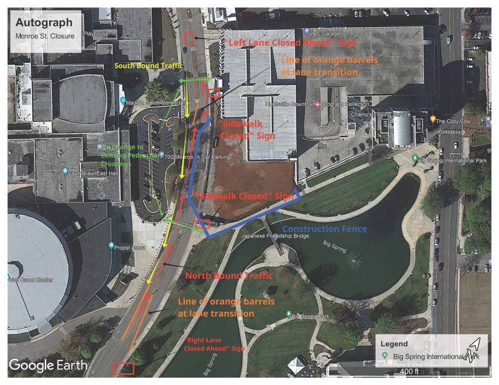 A map showing a planned lane closure on Monroe Street in downtown Huntsville.