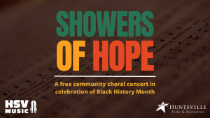 A graphic promoting Showers of Hope with a brown background and green, yellow and red letters.