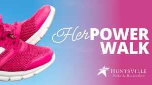 A graphic promoting the HerPower Walk. It features a pair of pink tennis shoes.