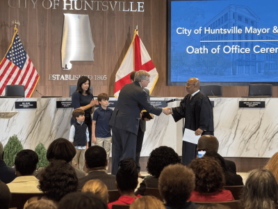 Click to view Mayor Tommy Battle, Council Members John Meredith and Michelle Watkins take oath of office; Council elects new president